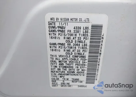 2012 Nissan Rogue S z USA, uszkodzony, nr VIN JN8AS5MT5CW267219